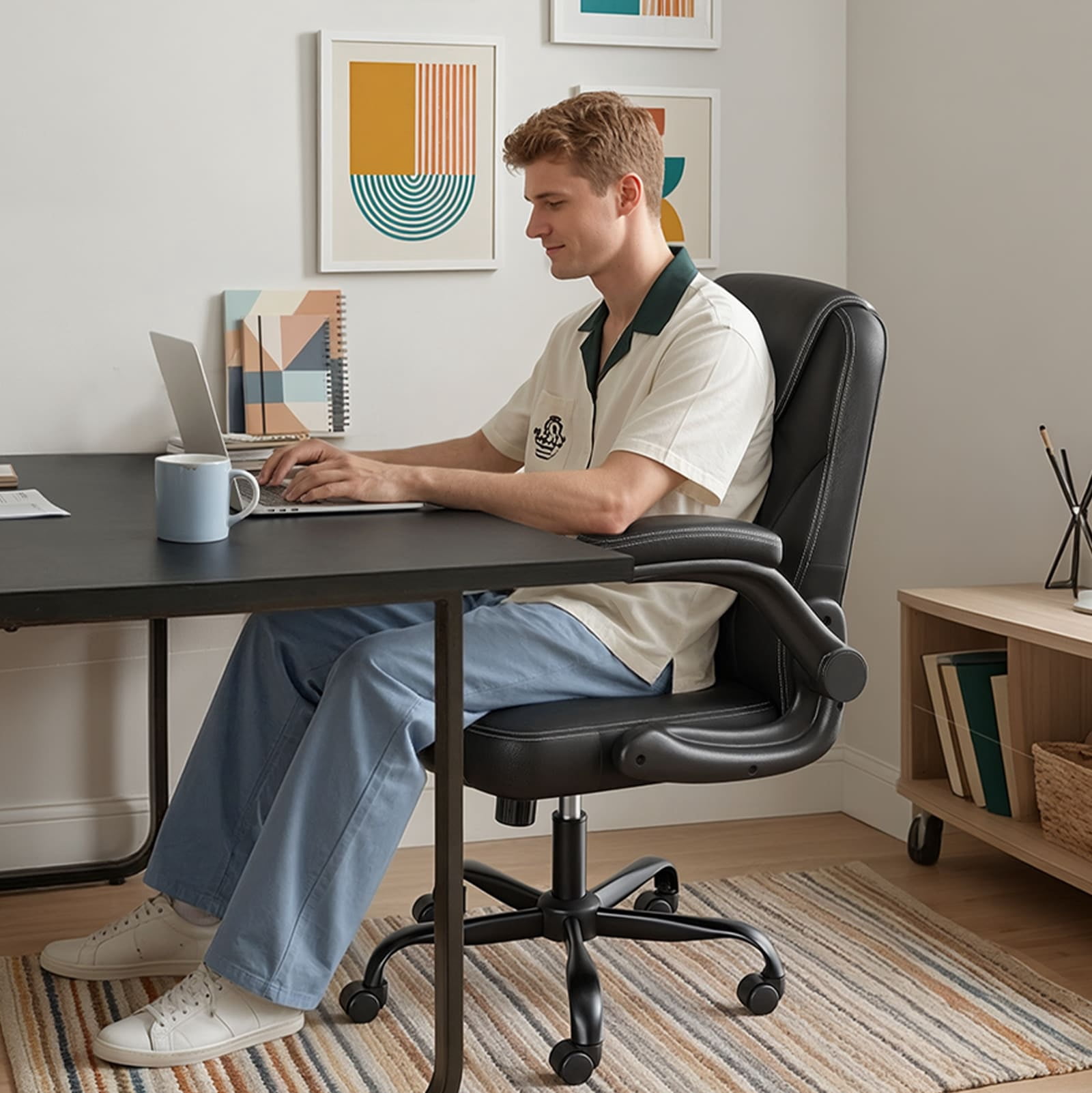 Pinmoco Ergonomic PU Leather Office Chair, High Back Executive Computer Desk Chair with Double-Layer Cushion, Swivel Gaming Chair with Wheels and Flip-Up Armrests, Black