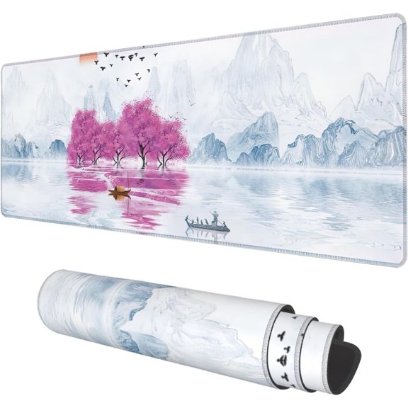 Cherry Blossom Tree Oil Ink Painting Extended Gaming Mouse Pad Large 31.5"x11.8" Big Mouse Pad, NonSlip Base, Stitched Edge, Long Computer Keyboard Mat for Home Office Work