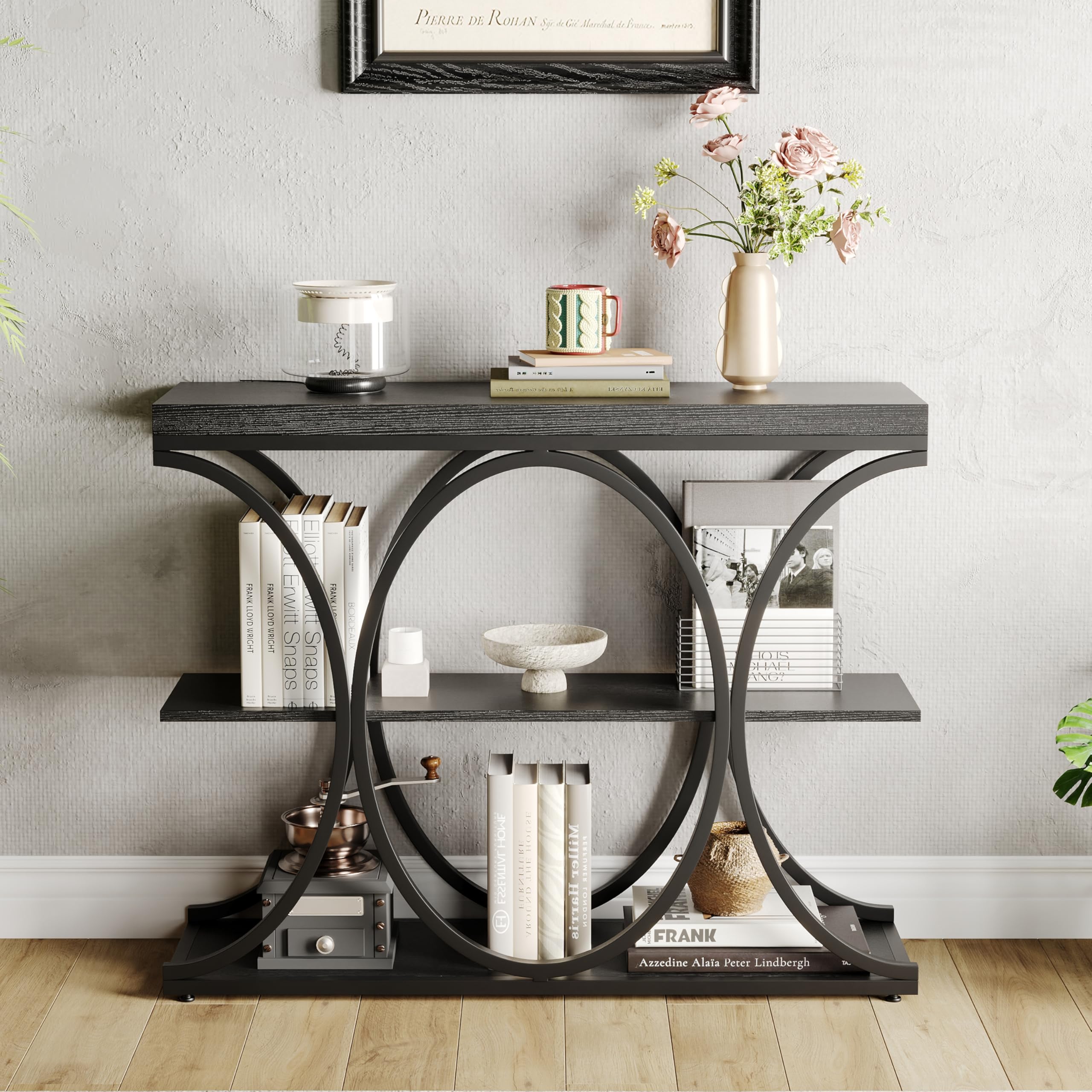 Huisuilinss Console Table,39" Narrow Entryway Table,Industrial 3-Tier Sofa Table With Round Metal Base And Storage Shelves,Wood Behind Couch Table For Living Room Hallway Foyer