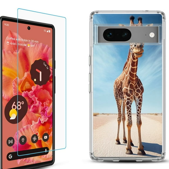 OneToughShield ® for Google Pixel 7a Shockproof Bumper Phone Case, with Tempered Glass Screen Protector - Giraffe