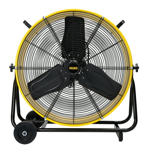 HiCFM 24 inch Enclosed Motor Drum Fan with TEAO Sealed Powerful 1/3HP Motor, 9 Feet Cord, 9200 CFM 2-Speeds High Velocity, safety yellow Shop Fan, 180 Degree Tilting, Move Much Air, UL Approved