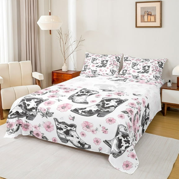 Manfei Western Cowgirls Twin Sheet Sets,Retro Cowboy Boots Twin Fitted Sheet,Pink Cherry Blossom Flat Sheet For Girls Boys,Breathable Home Decor,3-Piece