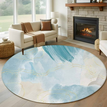 Teal Ombre Marble Round Area Rug 6 FT Non Slip Bedroom Rugs Yellow Modern Geometric Abstract Art Washable Soft Circular Carpet Non-Shedding Floor Mat for Kitchen Dining Room Home Office Kids Room