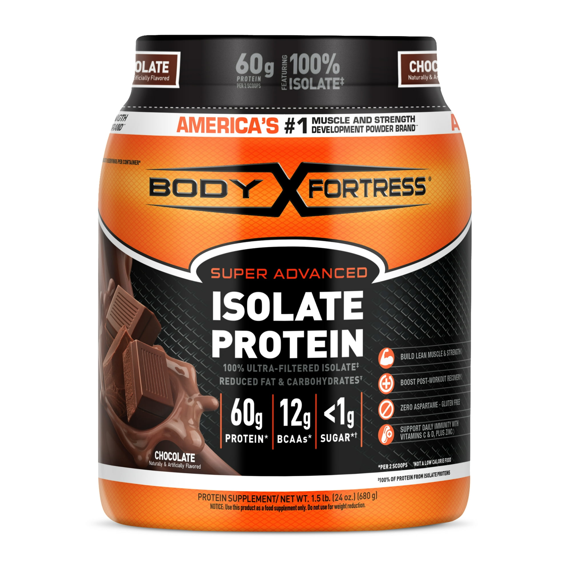 Body Fortress Super Advanced 100% Ultra-filtered Isolate Protein Powder, Chocolate, 60g Protein, 1.5 lbs (Packaging May Vary)