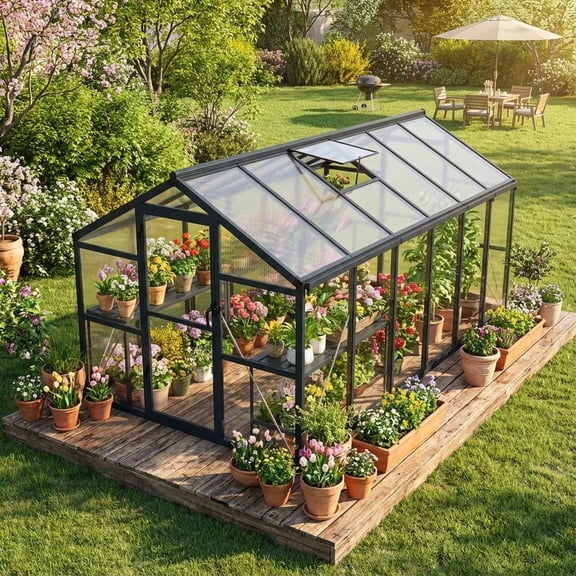 8x12ft Greenhouse, Large Walk-in Greenhouse for Outdoors with Roof Vent & Lockable Outward-Opening Swing Door, Heavy Duty Aluminum Frame Polycarbonate Green House for Garden,Backyard,Lawn,Grey