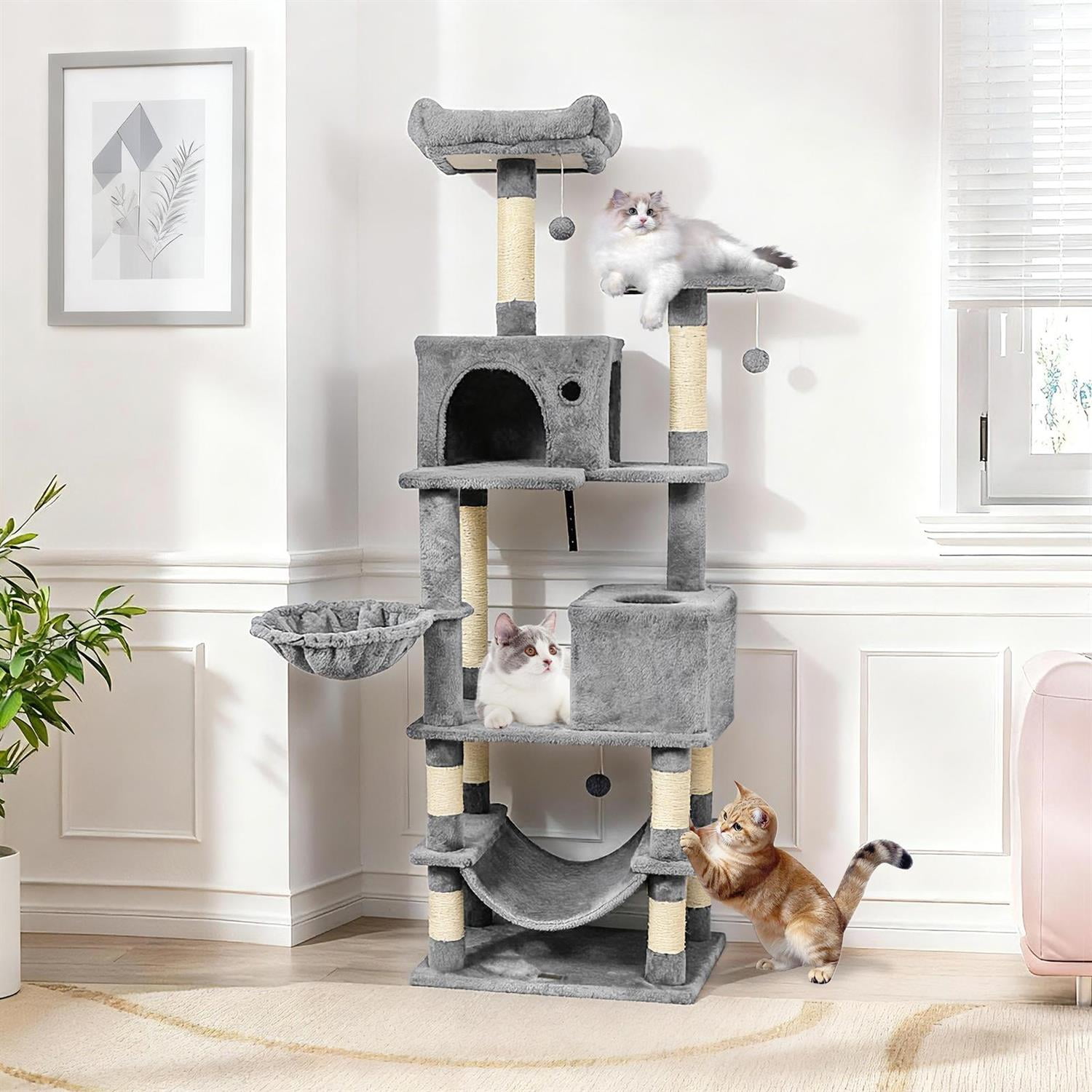 Pefilos 66" Tall Multi-Level Cat Tree, 2 Condos & Sisal Scratching Posts, Dangling Balls & Anti-Toppling, Light Gray