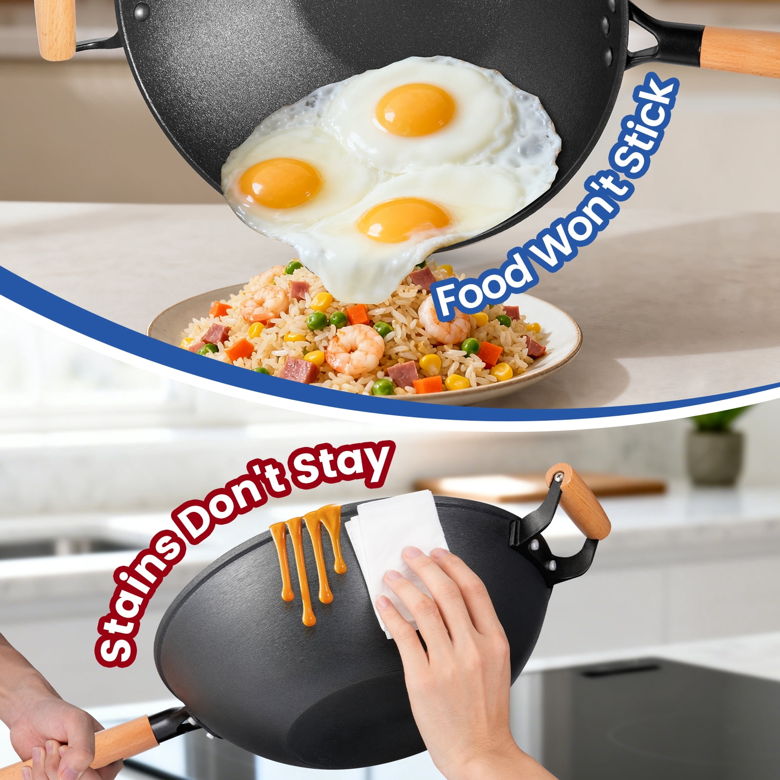 13'' Nonstick Wok, Cast Iron Wok with Lid, 5 PCS Wok Pan & Stir-Fry Pans Set with Oil Filter Tray and Spatula, No Chemical Coated Flat Bottom Chinese Woks Pan for All Stoves