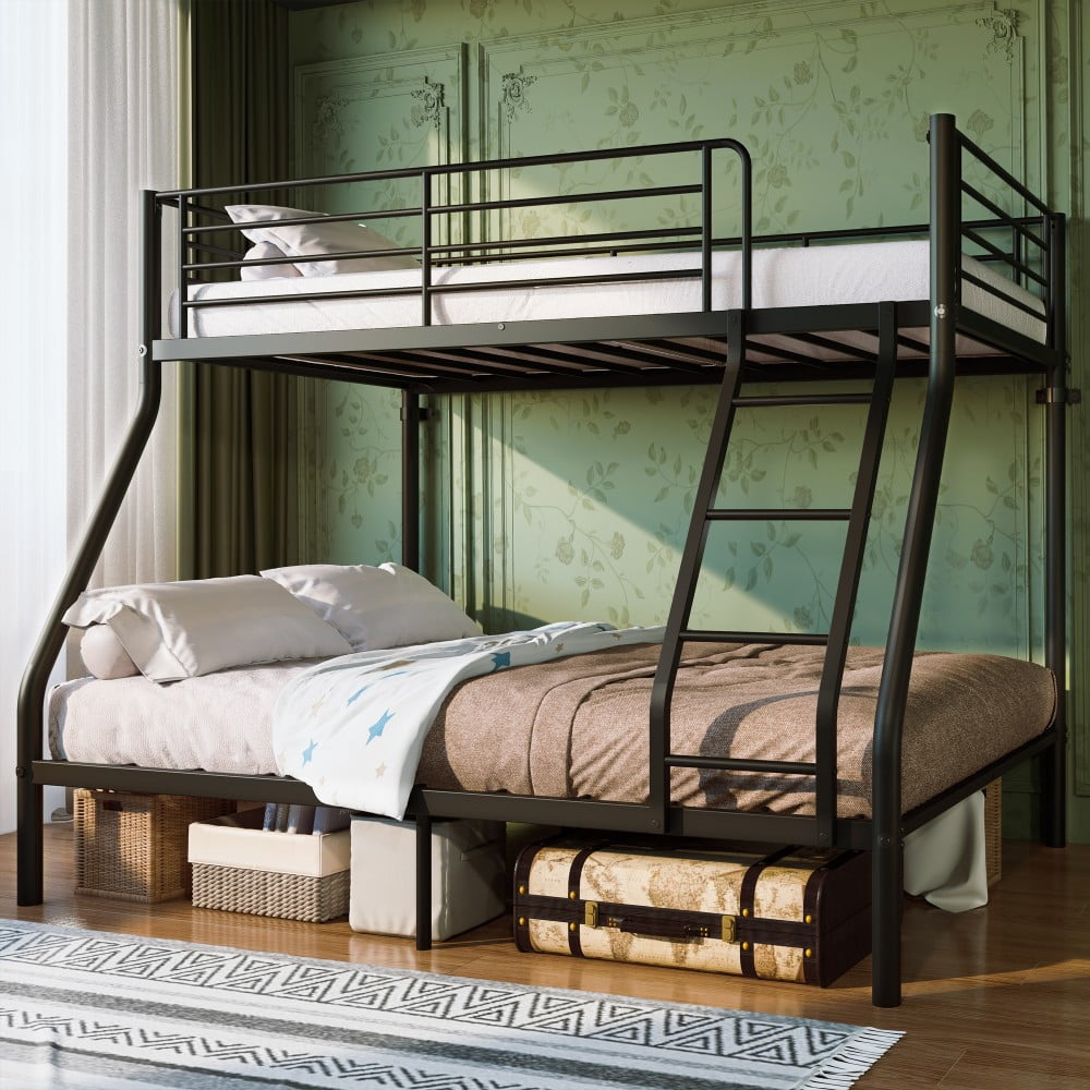 Twin Over Full Bunk Bed, Heavy Duty Metal Bunk Beds with Long Guardrail & Slanted Ladder, 650/750 lbs Capacity, Space Saving, No Box Spring, Black