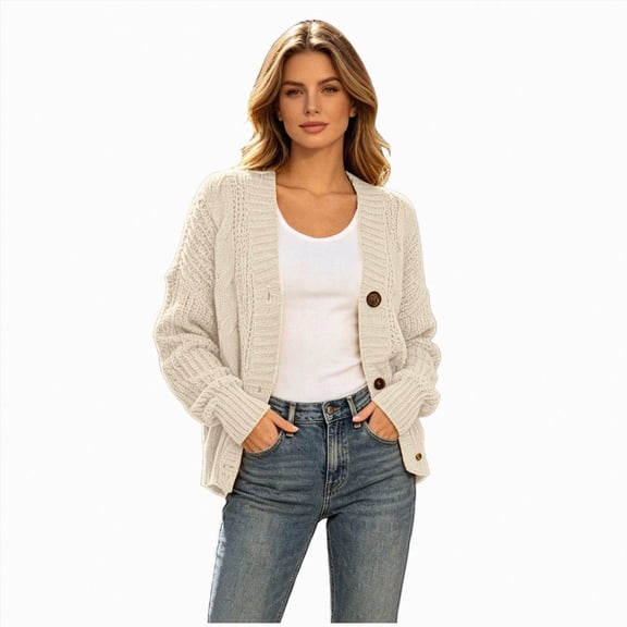 GEWSEY Womens Open Front Cardigan Sweaters Casual Cable Knit Long Sleeve Button Down Chunky Loose Fall Sweater (White, S)