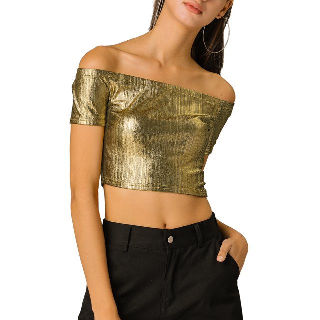INSPIRE CHIC Women's Metallic Shiny Party Off Shoulder Crop Top