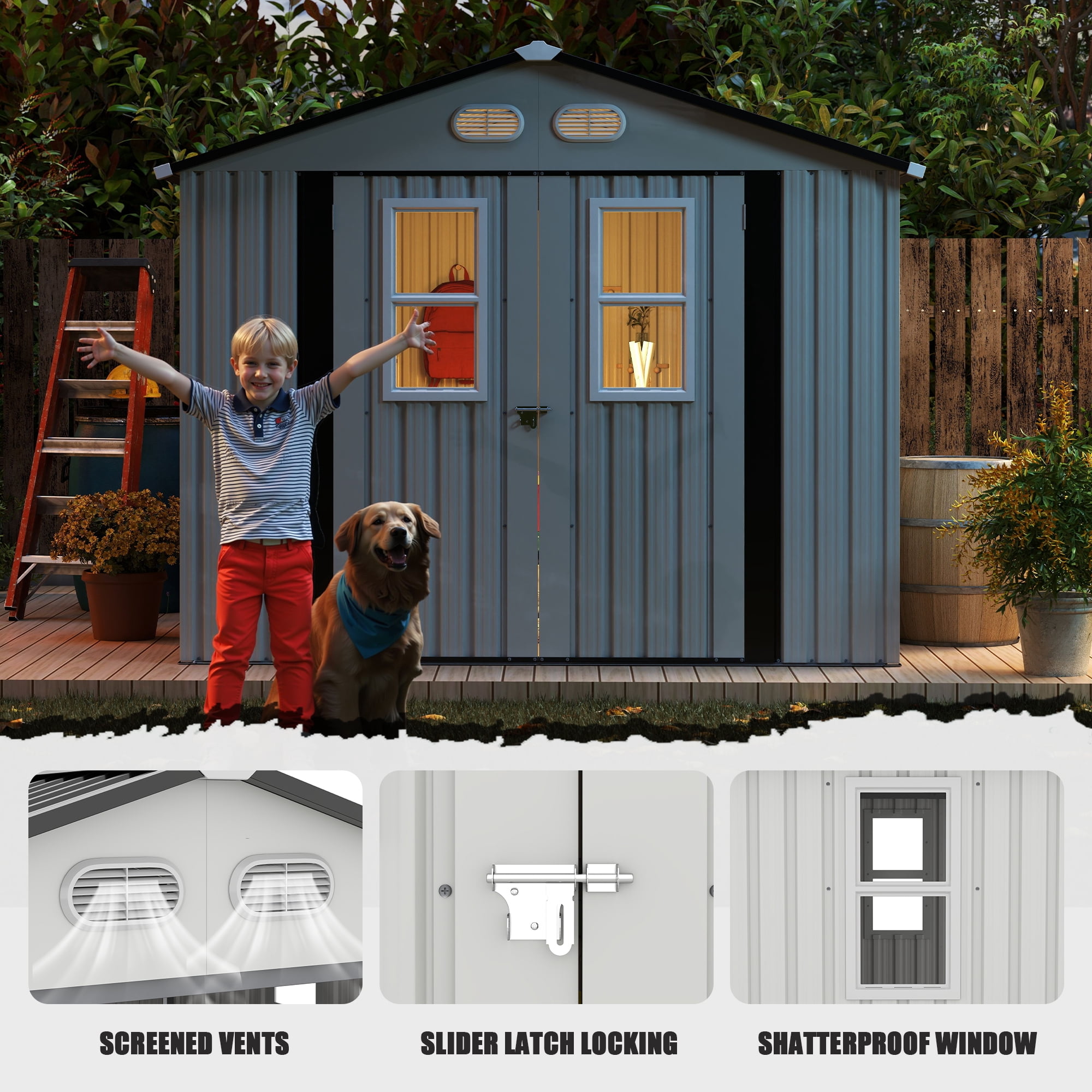DTTRA 8 x 8 ft Outdoor Metal Storage Shed with 4 Window and Lockable Door, Waterproof Outside Storage Building for Garden, Backyard, Tool Storage Use, Easy to Install, White