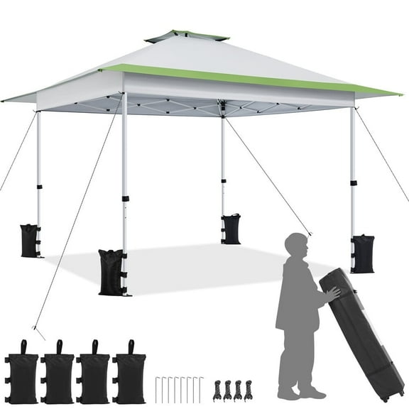 Wqmh Pop Up Gazebo 13x13 FT Outdoor Instant Canopy Tent with Overhang and Sandbags Portable Garden Party Wedding Market Beach Event Shelter, Light Gray/Green