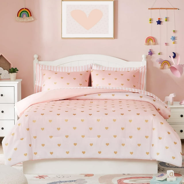 Juego de ropa de cama Wink Deer Kids, color rosa, 5 piezas, doble con edredón