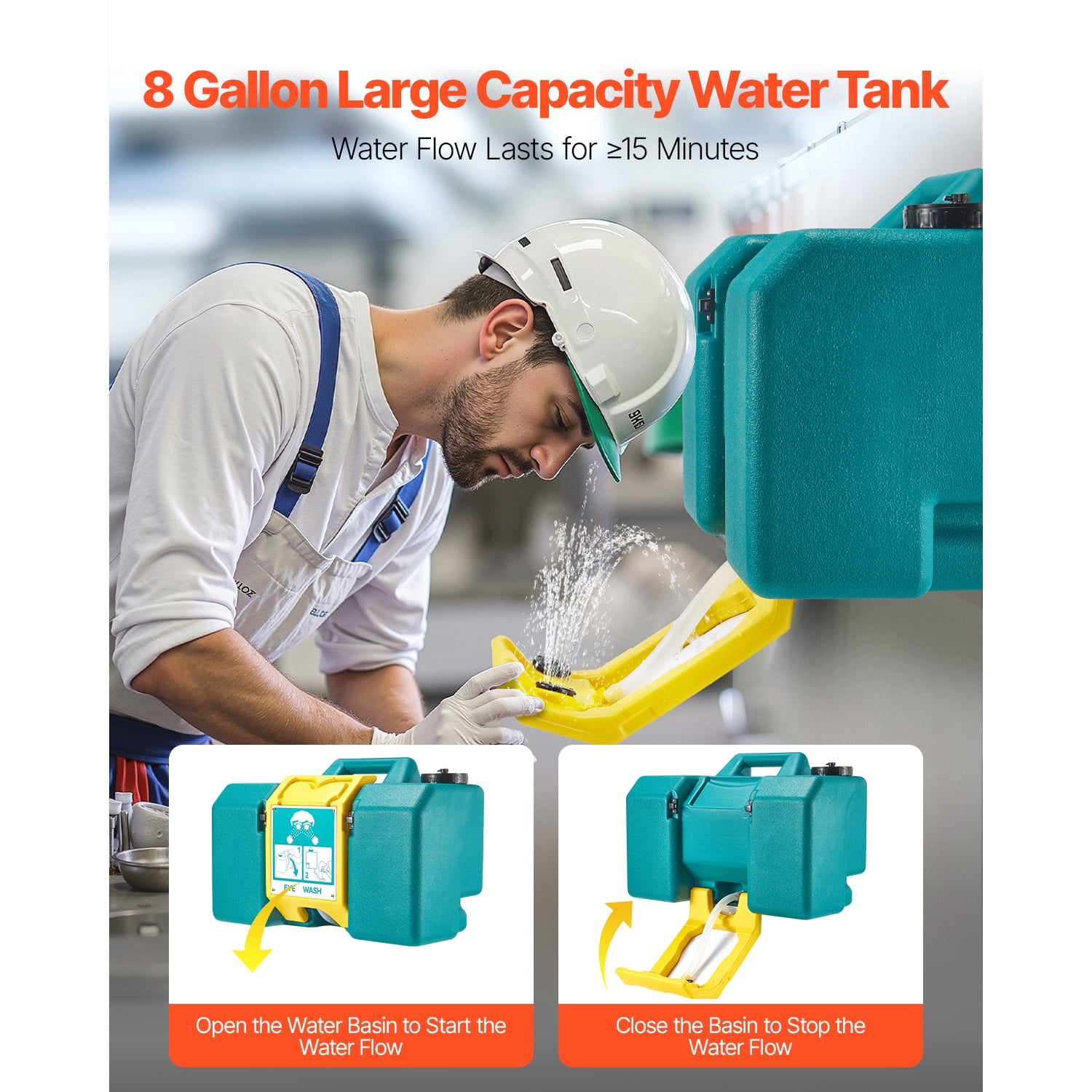 KFFKFF Mobile Eye Rinse Station, 8 Gallons, Compliant with OSHA Standards, Wall or Flat Surface Installation, Emergency Eye Rinse Device with Dual Sprays, Essential Safety Equipment