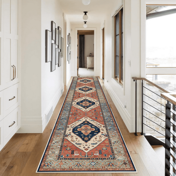 Pasillo de Corredor Lavable 60x300 Cm, Alfombra Suave Antideslizante para Cocina, Estilo Moderno para Sala de Estar, Dormitorio y Entrada, Color Rojo y Marrón