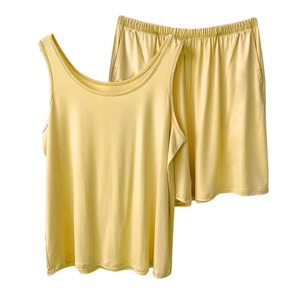 Timegard 2 Piece Pjs Sets for Women Scoop Neck Tank Top Loose Shorts Soft Solid Color Casual Outfits