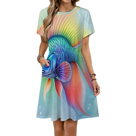 Shiny Koi Fish Dress Fashion Beach Short Sleeve Dresses Female Party Printed Sundress