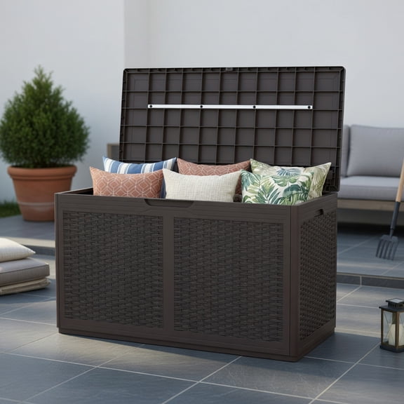 Spaco 100 Gallon Resin Deck Box Outdoor Waterproof Storage Bench, Storage Box with Lockable and Soft-close Lid for Outdoor, Brown
