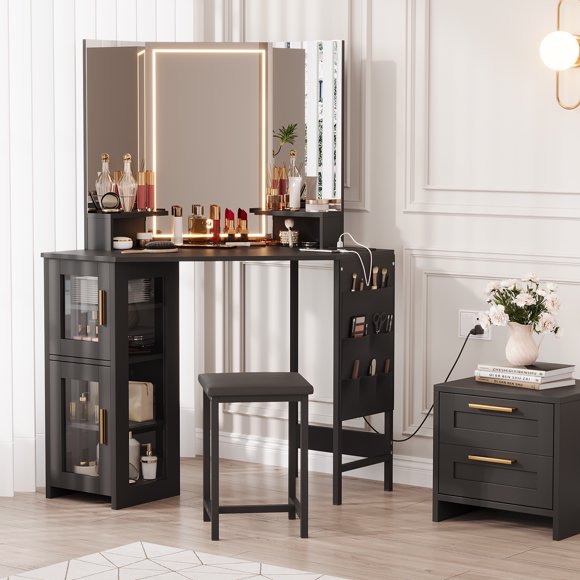 Corner Makeup Vanity Desk with Stool & Mirror, Large Dressing Table with Storage, Makeup Vanity Table Set for Bedroom Small Space