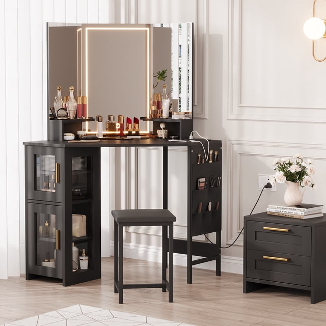 Corner Makeup Vanity Desk with Stool & Mirror, Large Dressing Table with Storage, Makeup Vanity Table Set for Bedroom Small Space