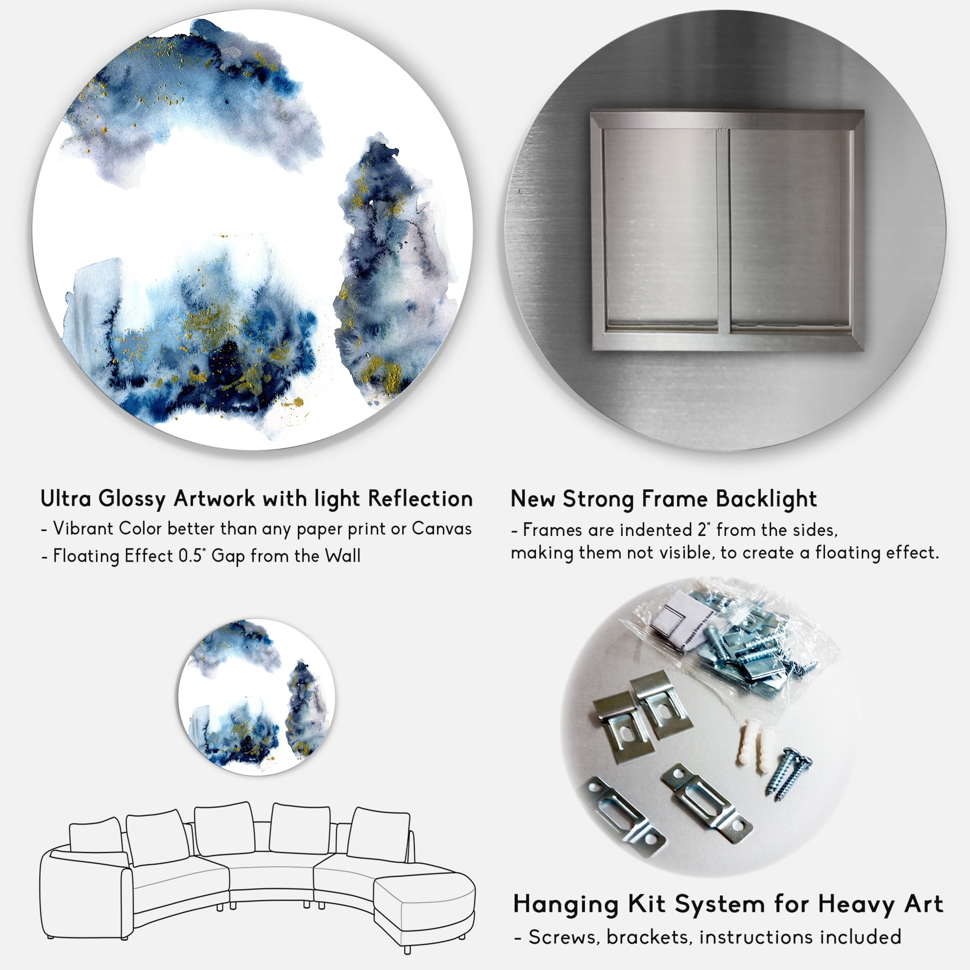 Designart 'Gray and Blue Clouds With Golden Glitter' Modern Circle Metal Wall Art 23x23 - Disc of 23