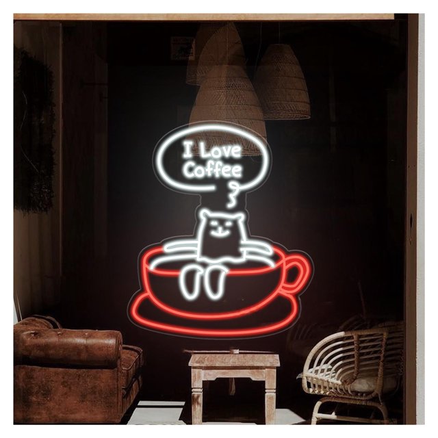 Letrero De Neón I Love Coffee Cat, Ideal Para Decorar La Pared De La Cocina De Una Cafetería, Con Luz Regulable De 43cmx50cm