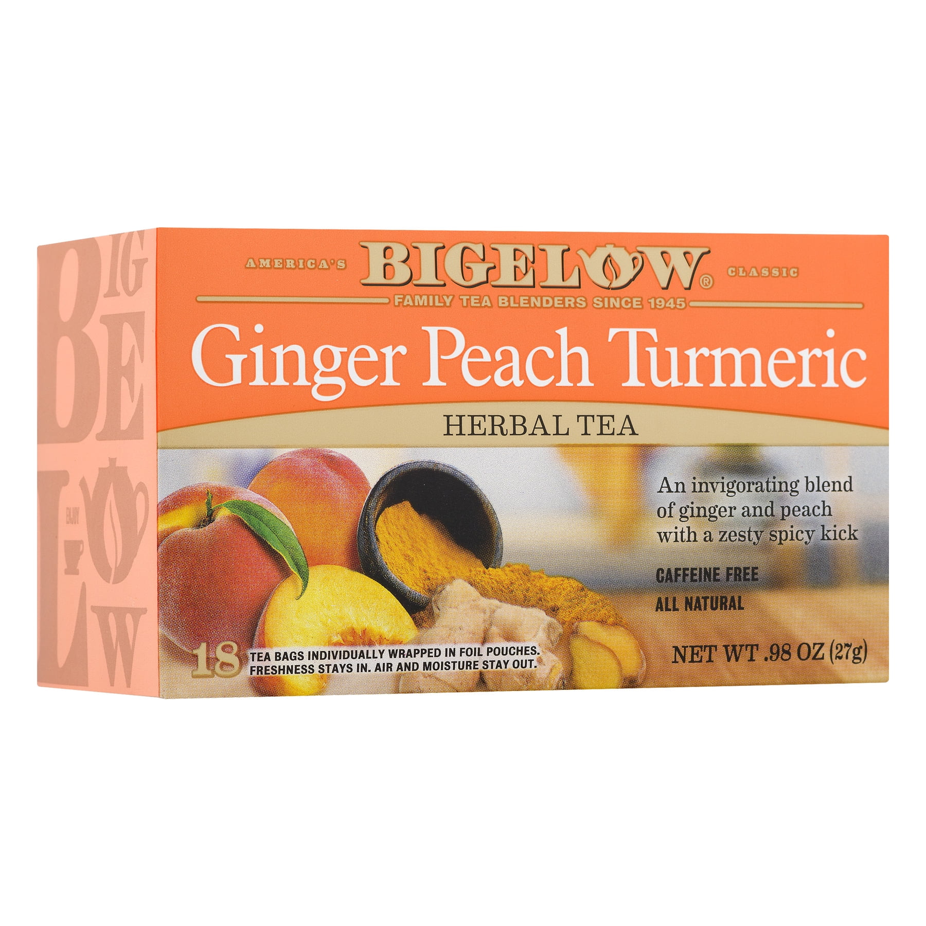 Bigelow Tea, Ginger Peach with Turmeric Herbal Tea, Tea Bags, 18 Ct