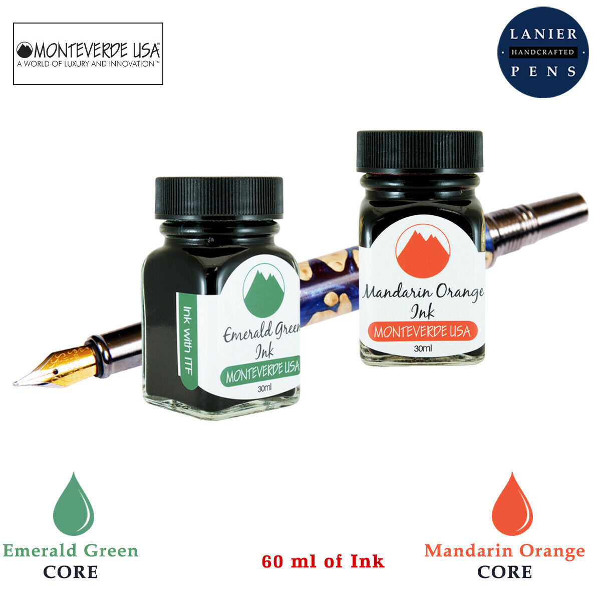 Monteverde 60ml Core Fountain Pen Ink Bottle (30ml Emerald Green Ink Bottle G309EG, 30ml Mandarin Orange Ink Bottle G309MO)