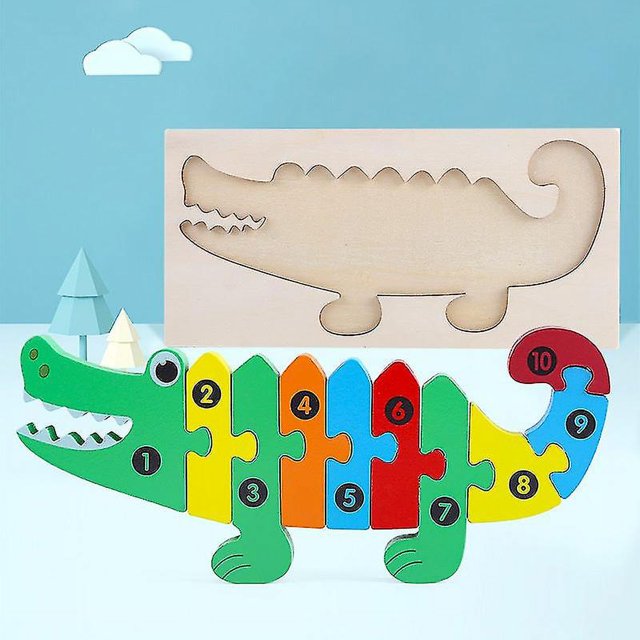 Rompecabezas de madera 3D Juguete educativo para niños Coche Número de animal Juego de rompecabezas a juego-(cocodrilo)