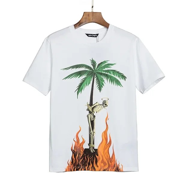 Palm Angels-Camiseta holgada de algodón para hombre y mujer, camisa con estampado de letras traseras abstractas, Tops informales de tendenciaBlanco
