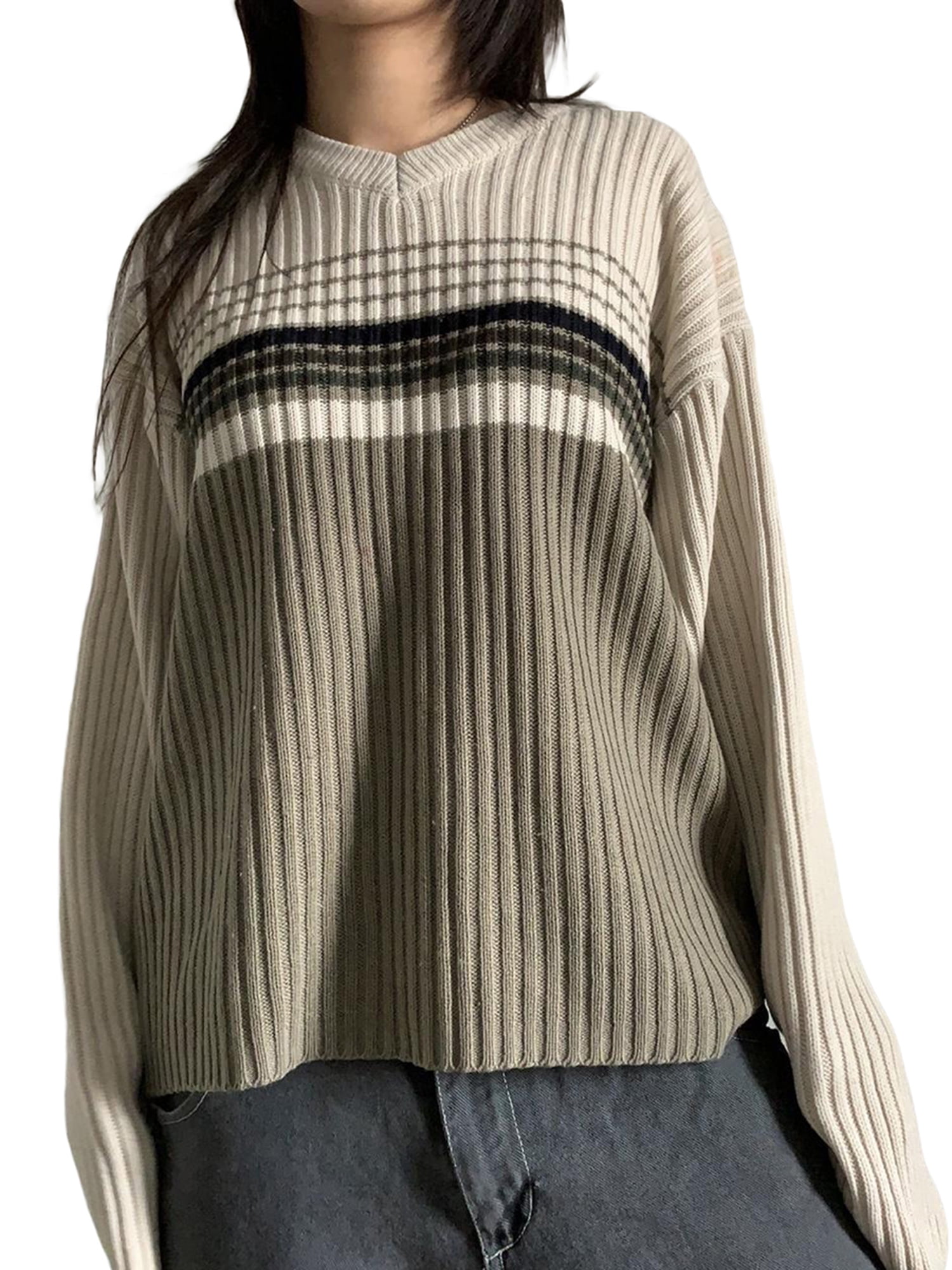 Qiylii Women V-Neck Sweater Stripe Contrast Color Long Sleeve Loose Knitted Tops  Autumn Winter Casual Pullovers Tops 