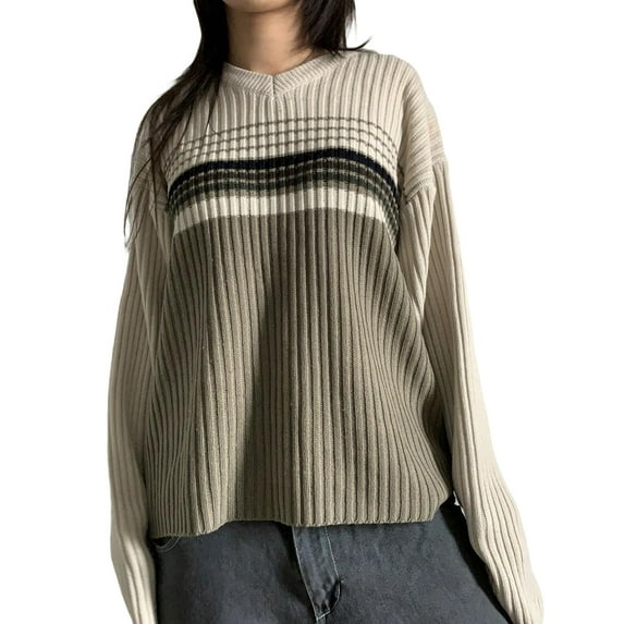 Qiylii Women V-Neck Sweater Stripe Contrast Color Long Sleeve Loose Knitted Tops Autumn Winter Casual Pullovers Tops