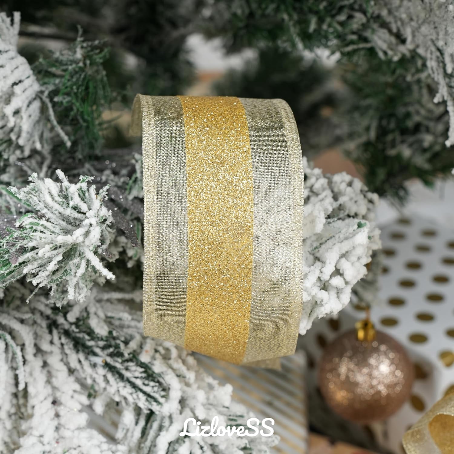 Champagne Gold Wired Ribbon with Gold Center Stripe 2.5" X 10 Yards Metallic Christmas Ribbon Wired for Tree Decoration, Wreaths & Garlands, Crafts Projects, Home Decor