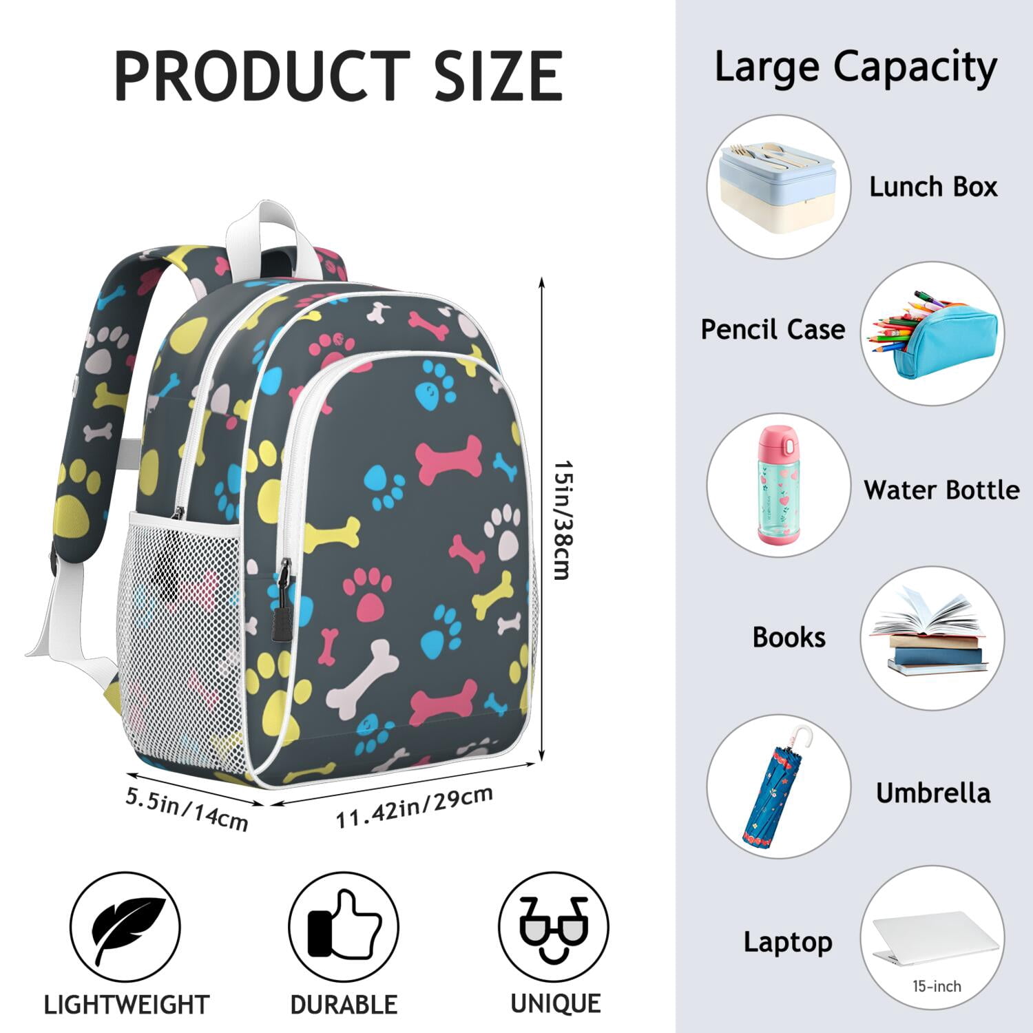 Cool Pet Background Dog Paw Backpack for School,Cute School Bag,Schoolbag with Adjustable Shoulder Straps & Padded Back,15"x11.42"x5.5"