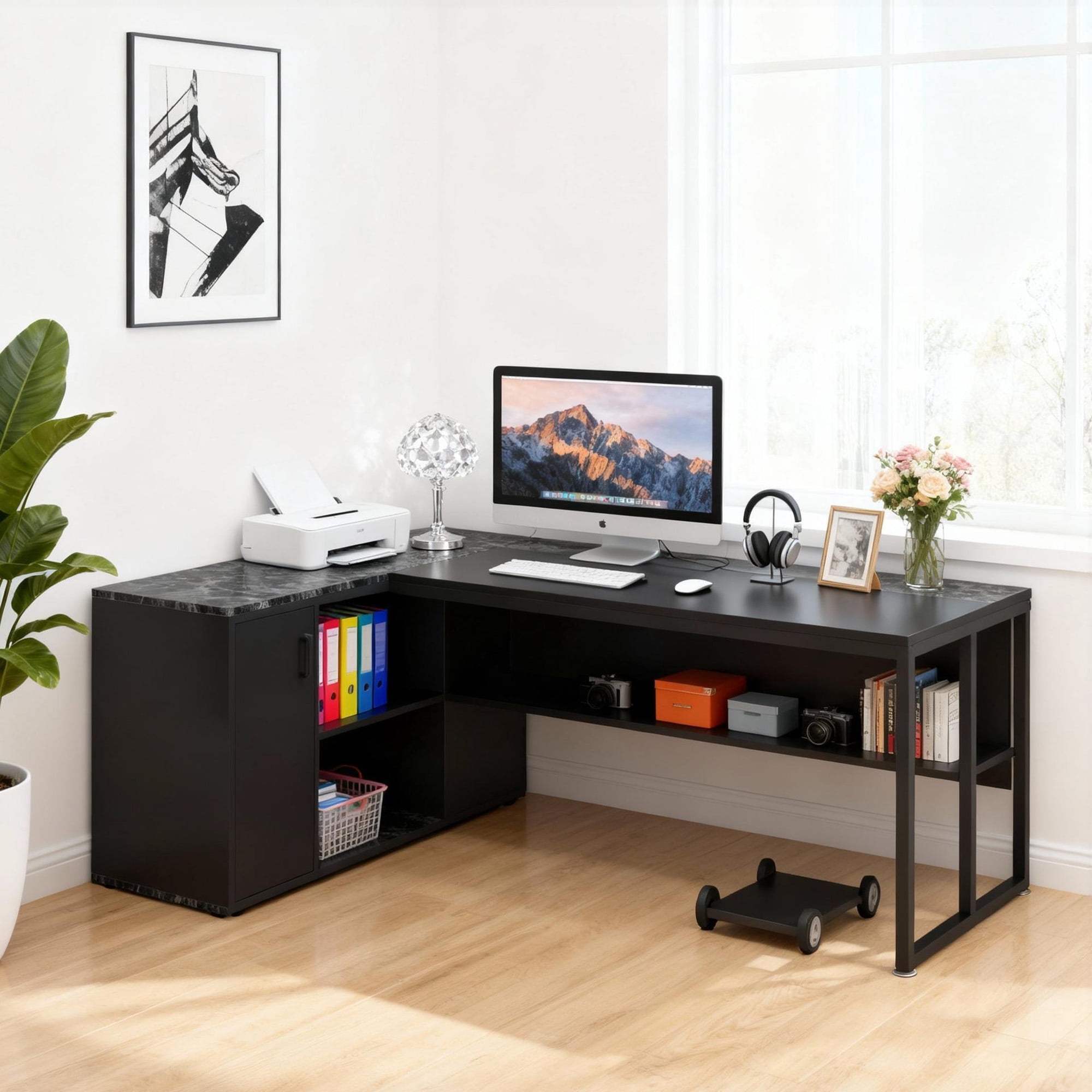 KIOOTTO 71" L-Shaped Executive Desk with Storage Cabinet, Printer Stand and CPU Stand, Black Corner Computer Desk