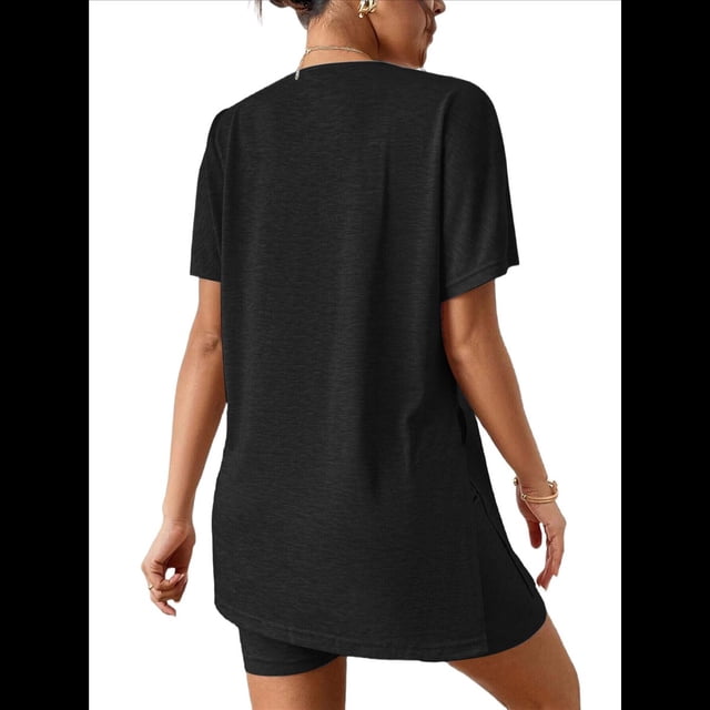 Conjunto de Dos Piezas de Corta para Mujer, con Camiseta Extragrande y Pantalones Cortos Estilo Biker, Color Negro, Talla XL