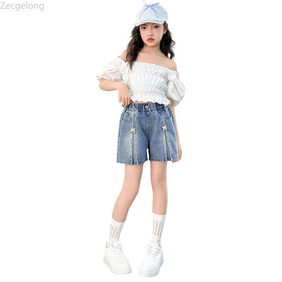 Zecgelong Girls' Summer Casual Denim Shorts With Bow Tie Belt High Waist Breathable And Soft Fashionable And Trendy Suitable For 5 14 Years Girls Jeans Size Blue 5-6 Years