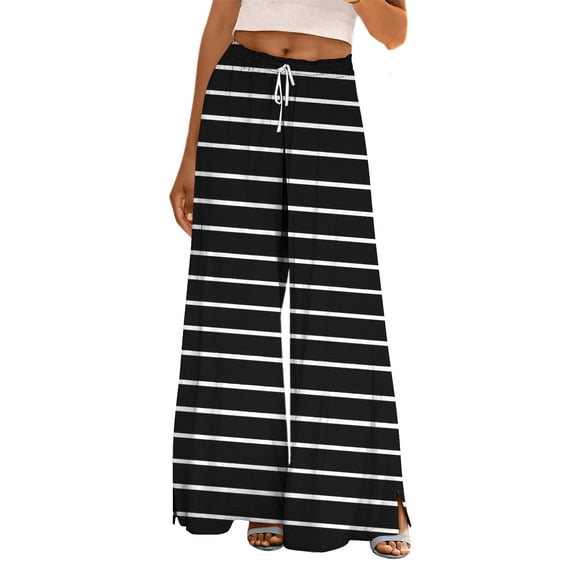 FUNUONY Flowy Wide Leg Palazzo Pants for Women - High Waist Casual Beach Lounge Stripe Pants Loose Dress Pants Stretchy Trousers Dress Pants Petite Wide Leg Summer Beach Casual Trousers Black L