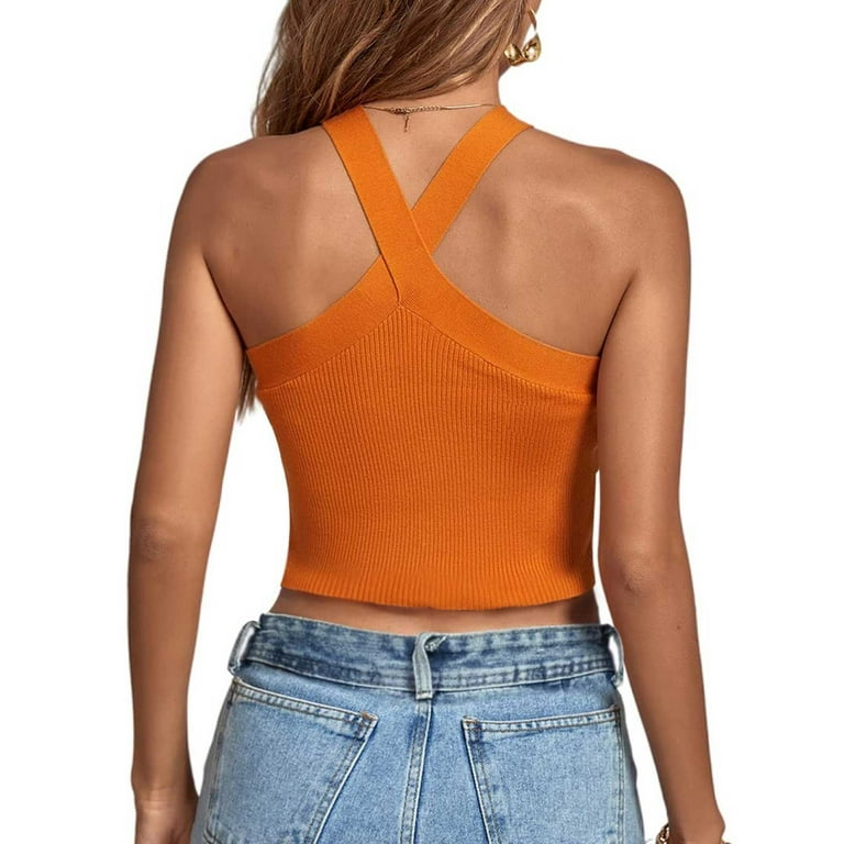 YYDGH Women's Criss Cross Halter Crop Top Ribbed Knit