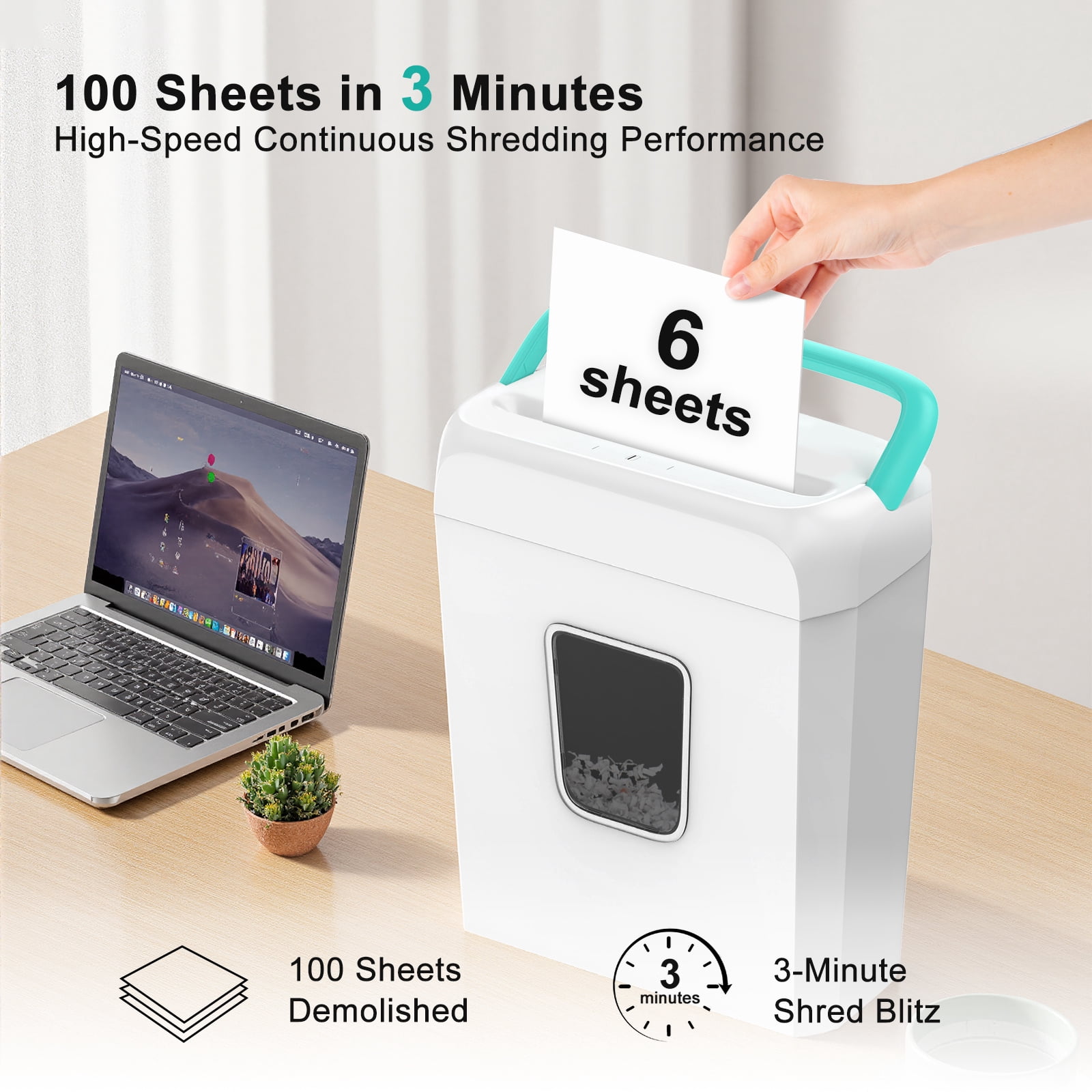 6-Sheet Cross-Cut for Staples, Clips, Documents Credit Card paper Shredder with 3.4 Gal Wastebasket & Portable Handle for Home&Office