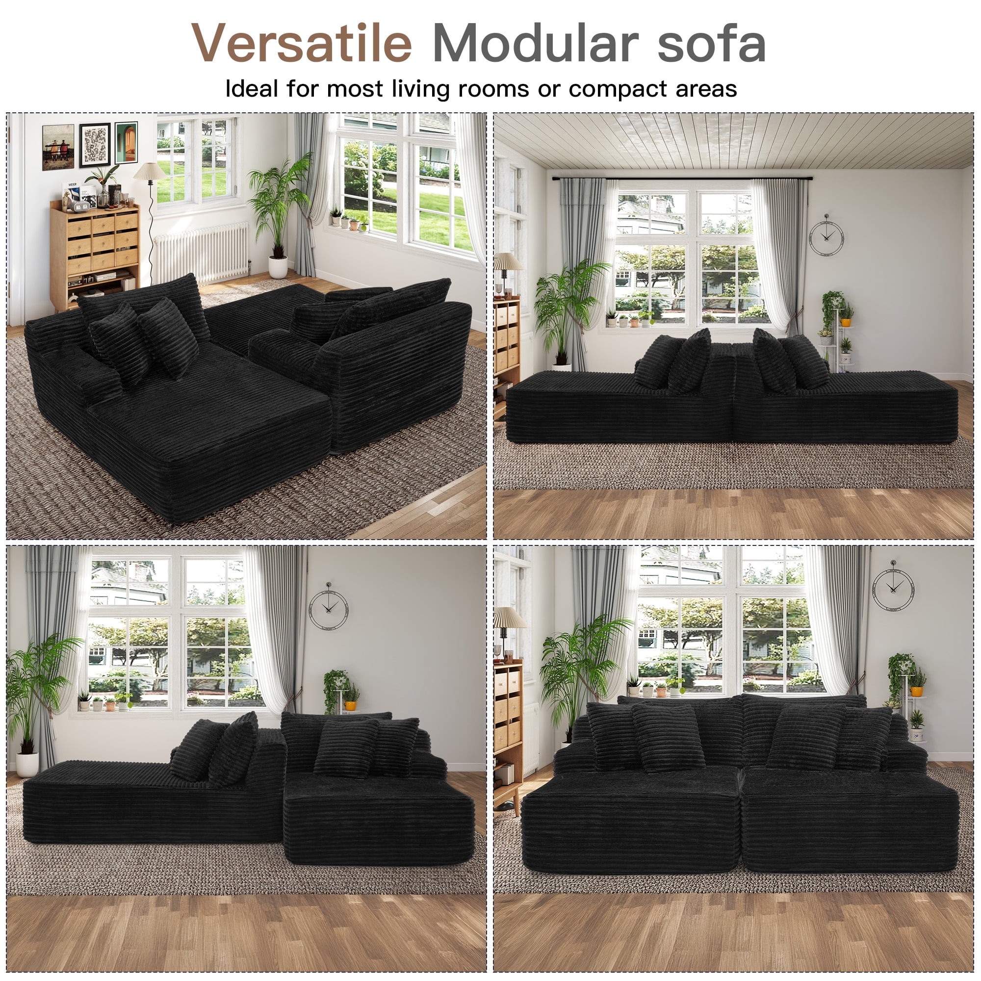 Muumblus 83" Oversized Double Chaise Lounge Chair Indoor, Modern Boneless Plush Corduroy Upholstered Modural Sectional Sleeper Cloud Couch for Living Room Apartment, Black