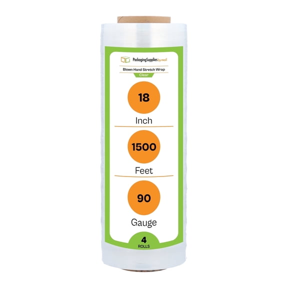 PSBM Blown Hand Stretch Wrap 18 Inch x 1500 Feet 4 Rolls 90 Gauge Clear Plastic Shrink Film for Moving Packing