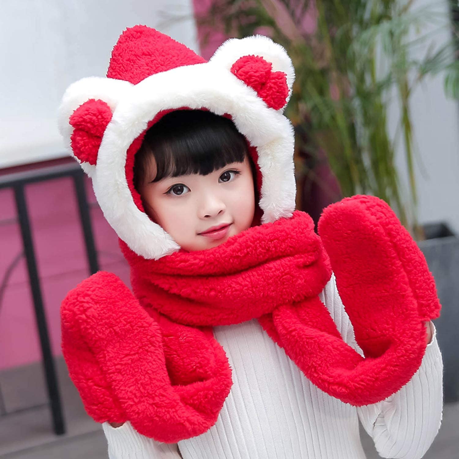 Kids Girls Boys Winter Warm Cartoon Dinosaur Fuzzy Fleece Scarf Hats Color : Beige, Size : 3-12 years Cute Hooded Scarf Earmuffs With Pockets Outdoors cap