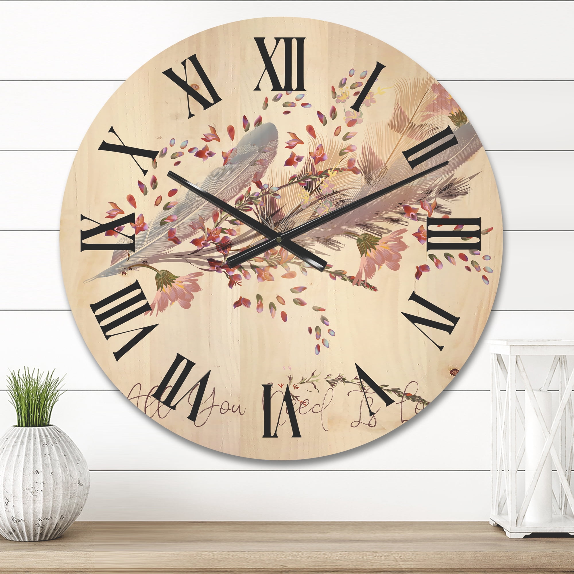 Designart 'Pink Feathers and Flowers All You Need Is Love' Bohemian & Eclectic Wood Wall Clock