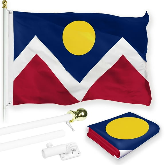 G128 Combo Pack: 6 Feet Tangle Free Spinning Flagpole (White) Denver City Flag 3x5 ft Printed 150D Brass Grommets (Flag Included) Aluminum Flag Pole