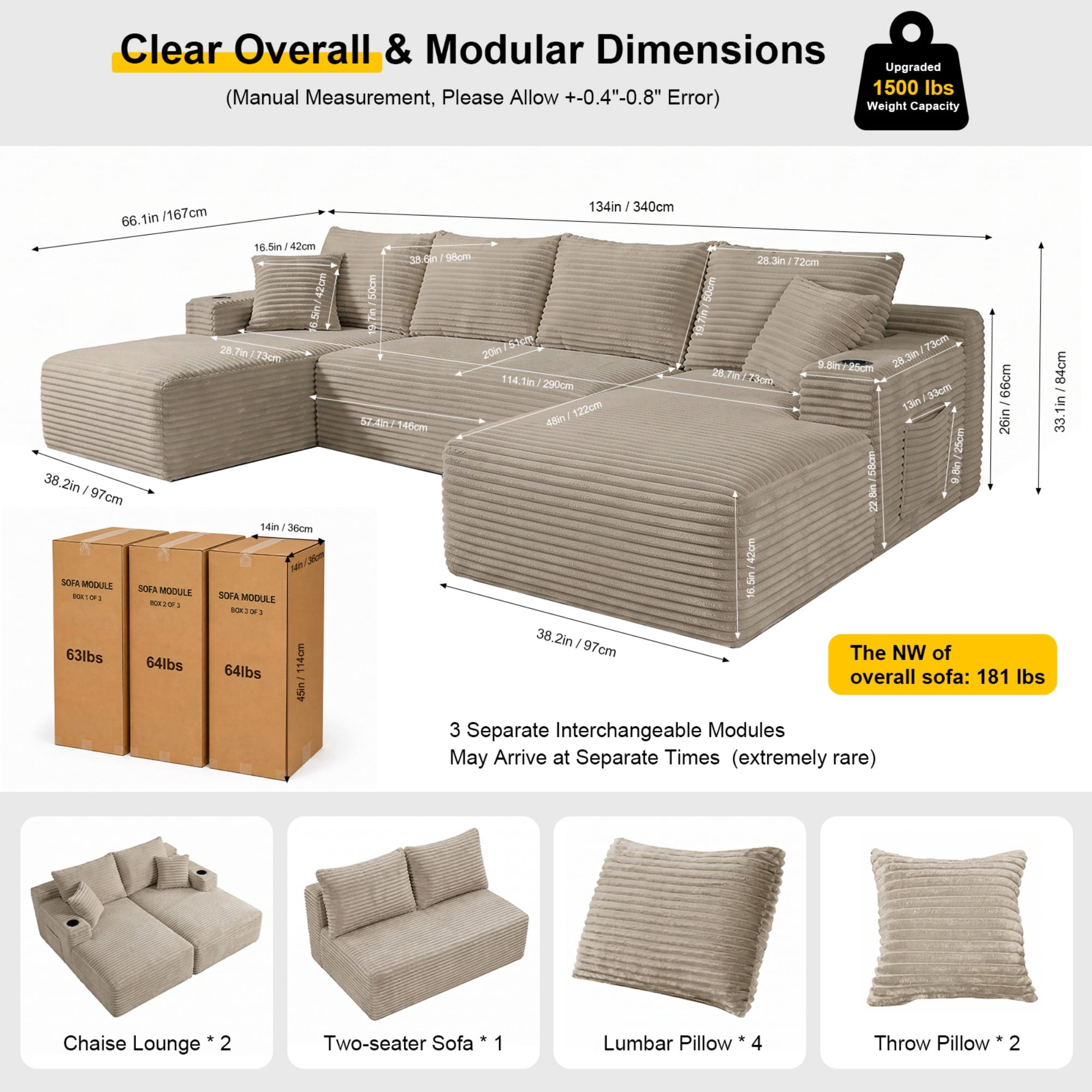 DEALTOPS 134" Corduroy U-Shape Modular Cloud Couch, Double Chaise Sectional Sofa with Cup Holders, Beige