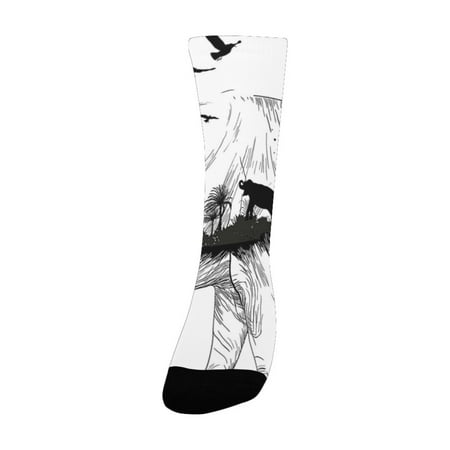 

Animal Hand Sketch Elephant Figure with Tropical Wildlife Jungle Theme Palm Trees Birds Black White Women s Custom Socks (Made In USA)