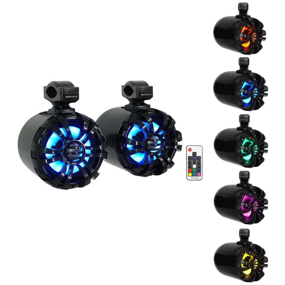 Pair Rockville WB65KLED 6.5" 600w Black Marine Wakeboard LED Tower Speakers Remote