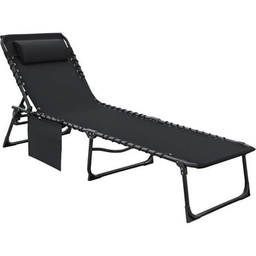 QHSP Foldable Chaise Lounge Chair 5-Position Adjustable, Tanning Chair with Side Pocket, Outdoor Sunbathing for Pool, Beach, Patio, Lawn, Indoor Recliner Chair for Napping(Black, 1 Pcs)