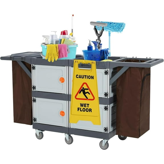 Commercial Janitorial Cart with Cabinet,Hotel Housekeeping Room Service Utility Cart with Wheels, Large Capacity Vinyl Bag, Grey